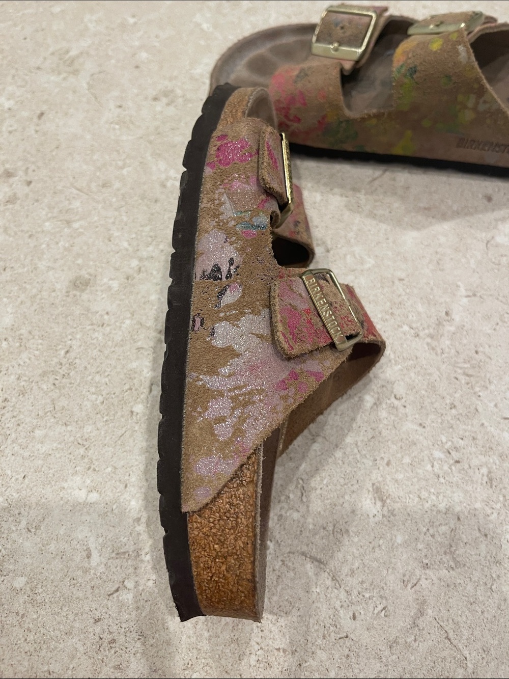 Women’s Birkenstock Two-Strap Sandals with Pink, Yellow, Green Accents - Picture 4 of 7